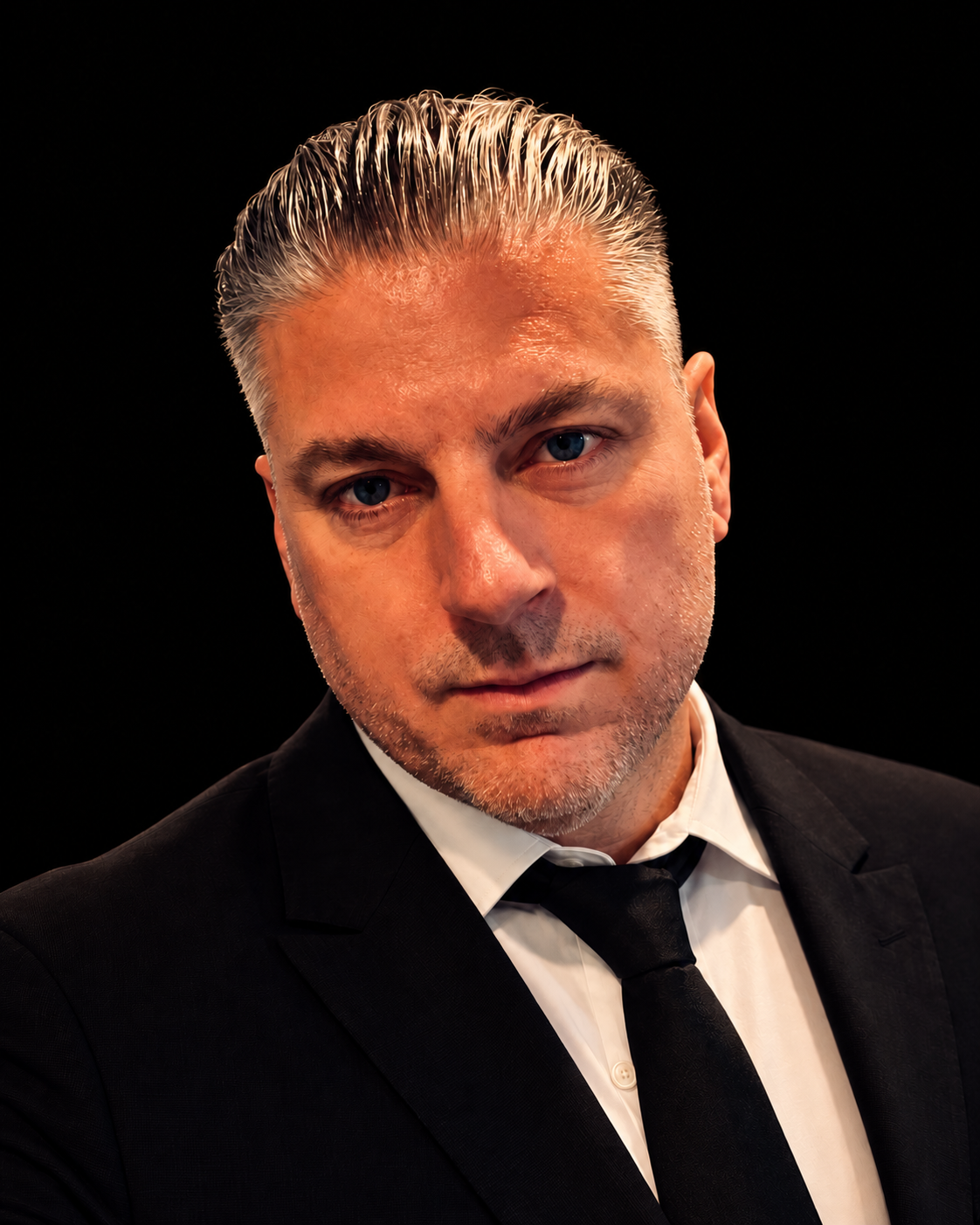 Mathieu Bergeron wearing a suit and tie, lightly illustrated color portrait